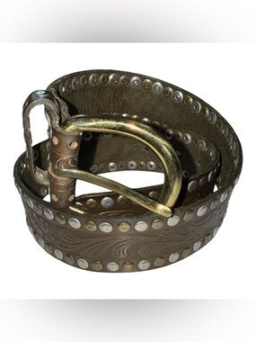 Womens Brown Leather Studded Belt Western Tooled Wide Rivet Small Made In Spain